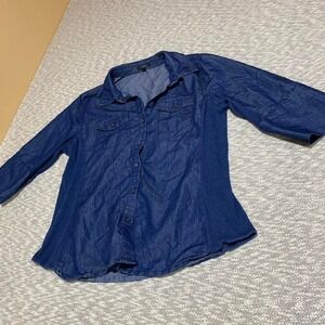 Sky plus Blue denim button-up shirt with 3/4 sleeves women 1X. SKU-A73#denim